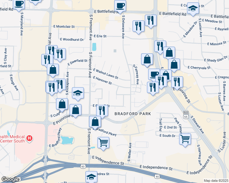 map of restaurants, bars, coffee shops, grocery stores, and more near 3465 South Pickwick Avenue in Springfield