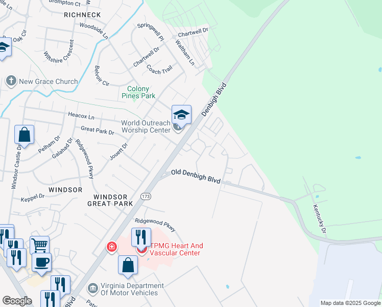 map of restaurants, bars, coffee shops, grocery stores, and more near 1102 Palmerton Drive in Newport News