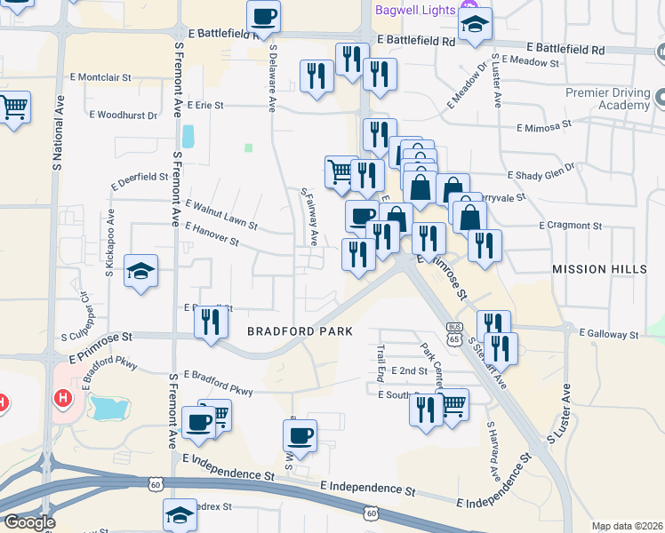 map of restaurants, bars, coffee shops, grocery stores, and more near 3440 South Delaware Avenue in Springfield