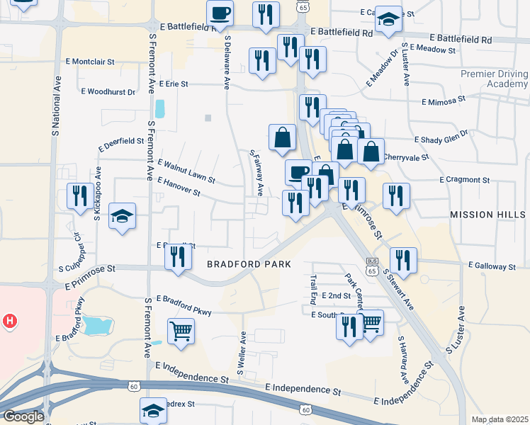 map of restaurants, bars, coffee shops, grocery stores, and more near 3440 South Delaware Avenue in Springfield