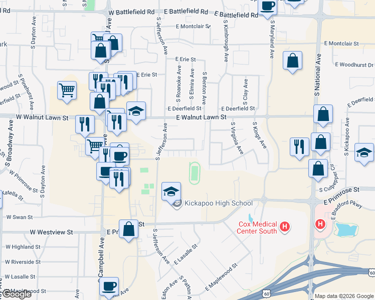 map of restaurants, bars, coffee shops, grocery stores, and more near 607 East Arrowhead Street in Springfield