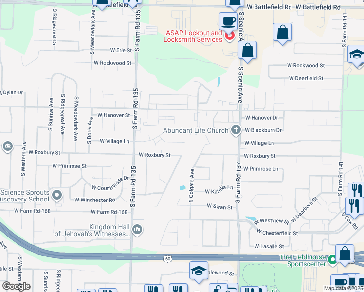 map of restaurants, bars, coffee shops, grocery stores, and more near 2920 West Village Drive in Springfield