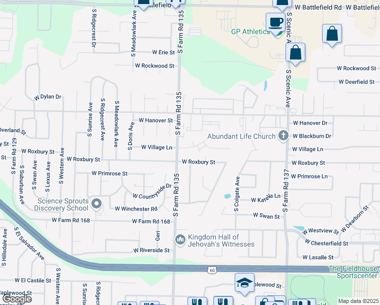 map of restaurants, bars, coffee shops, grocery stores, and more near 3040 West Village Lane in Springfield