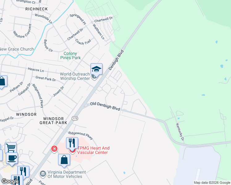 map of restaurants, bars, coffee shops, grocery stores, and more near 12793 Tahiska Lane in Newport News