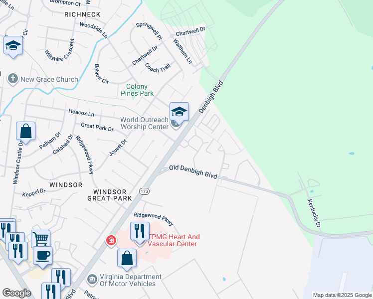 map of restaurants, bars, coffee shops, grocery stores, and more near 1114 Palmerton Drive in Newport News