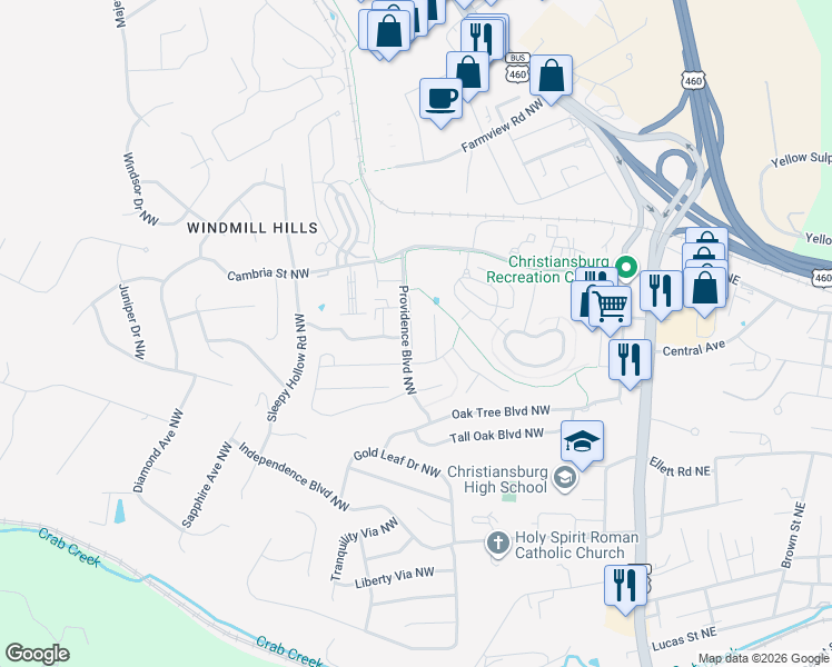 map of restaurants, bars, coffee shops, grocery stores, and more near 1535 Providence Boulevard Northwest in Christiansburg