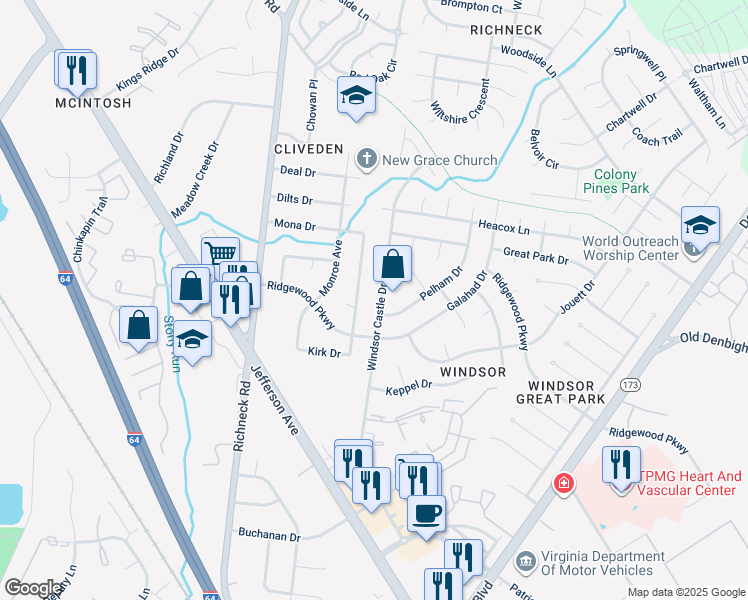 map of restaurants, bars, coffee shops, grocery stores, and more near 211 Windsor Castle Drive in Newport News