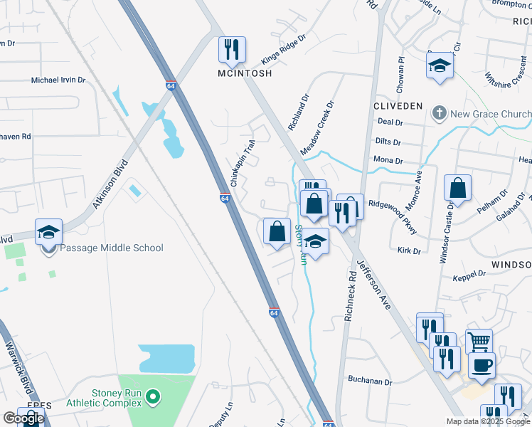 map of restaurants, bars, coffee shops, grocery stores, and more near 459 Bryson Court in Newport News