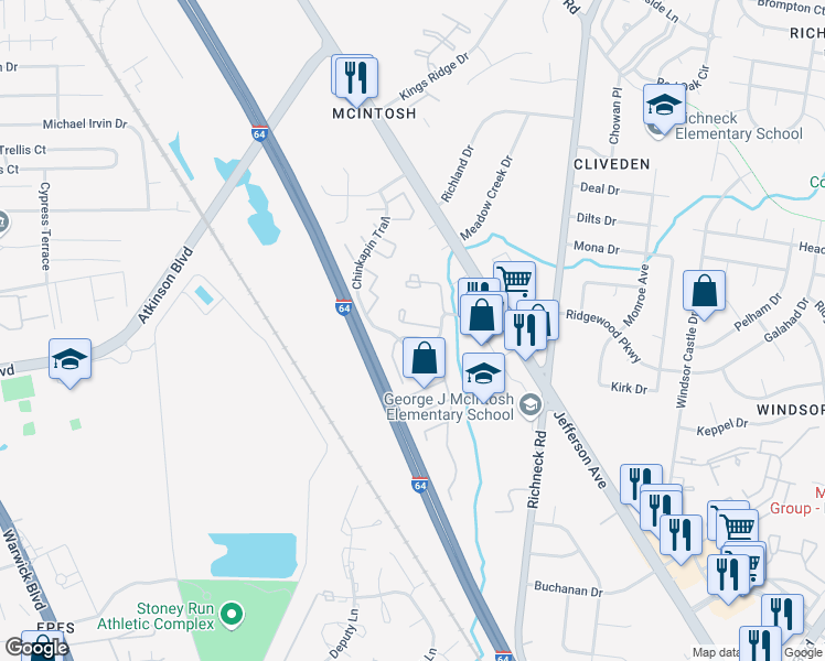 map of restaurants, bars, coffee shops, grocery stores, and more near 465 Bryson Court in Newport News
