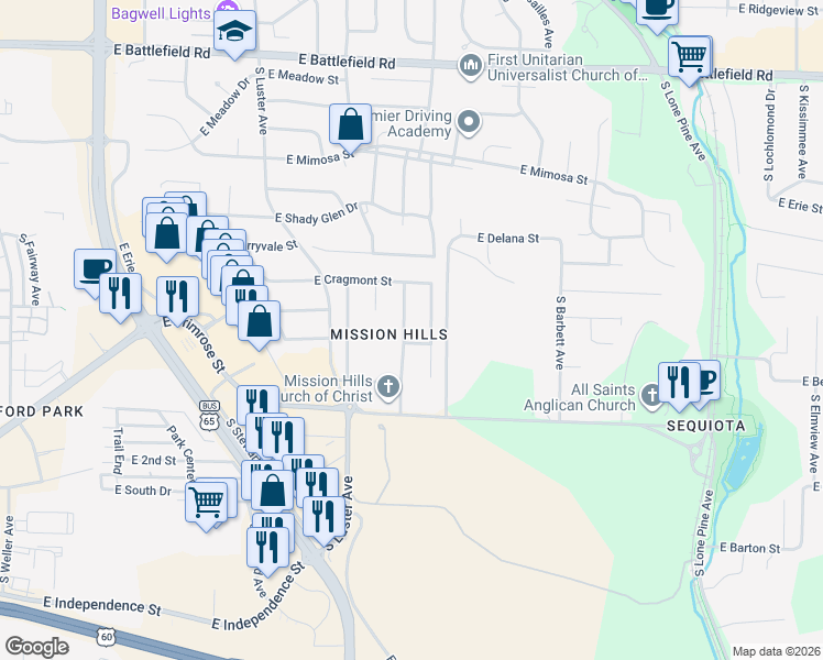 map of restaurants, bars, coffee shops, grocery stores, and more near 3454 South Bellhurst Avenue in Springfield