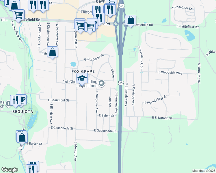 map of restaurants, bars, coffee shops, grocery stores, and more near 3403 Juniper in Springfield
