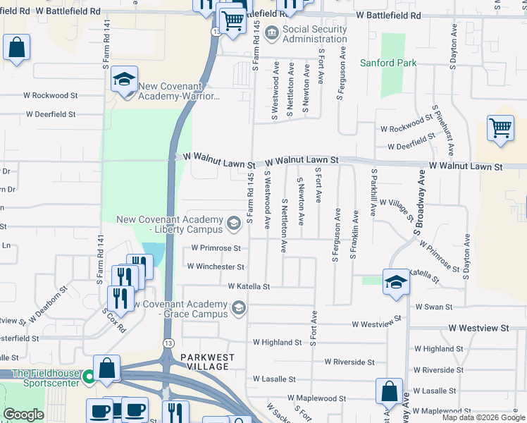 map of restaurants, bars, coffee shops, grocery stores, and more near 3519 South Westwood Avenue in Springfield