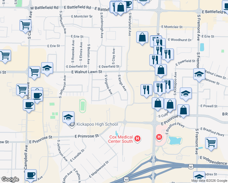 map of restaurants, bars, coffee shops, grocery stores, and more near 911 East Powell Street in Springfield
