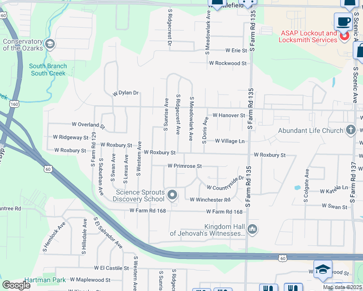 map of restaurants, bars, coffee shops, grocery stores, and more near 3556 South Ridgecrest Avenue in Springfield