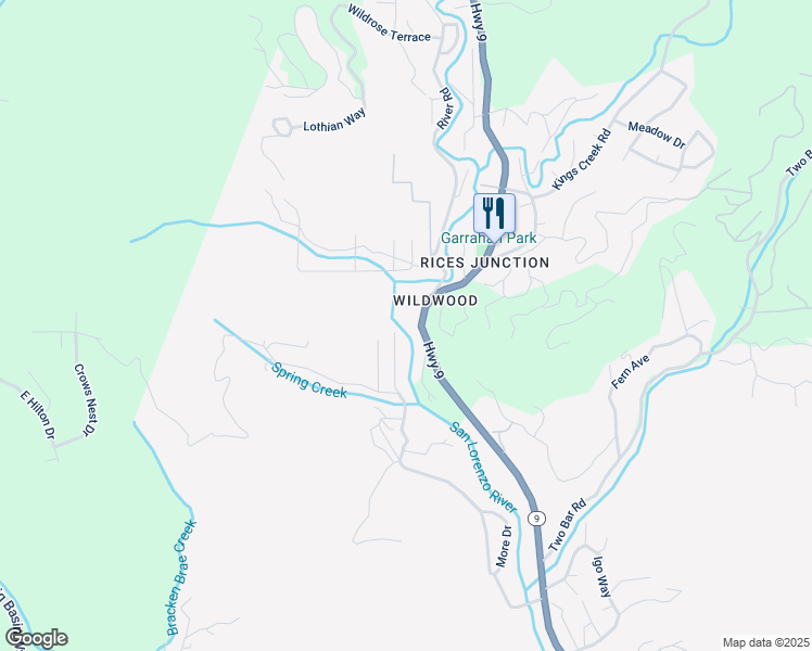 map of restaurants, bars, coffee shops, grocery stores, and more near 184 Lorenzo Lane in Boulder Creek