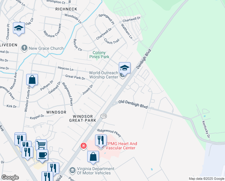 map of restaurants, bars, coffee shops, grocery stores, and more near 801 Blazer Court in Newport News