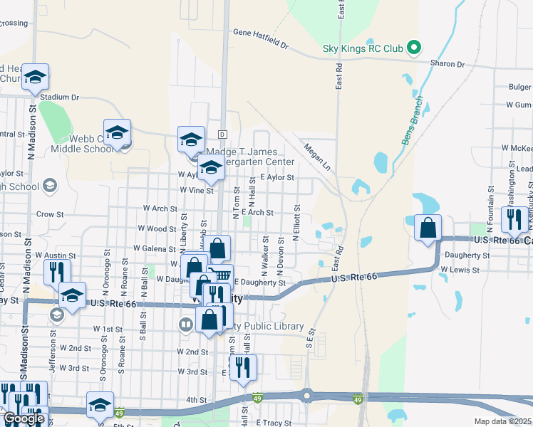 map of restaurants, bars, coffee shops, grocery stores, and more near 400 East Arch Street in Webb City