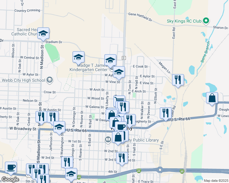 map of restaurants, bars, coffee shops, grocery stores, and more near 524 North Webb Street in Webb City
