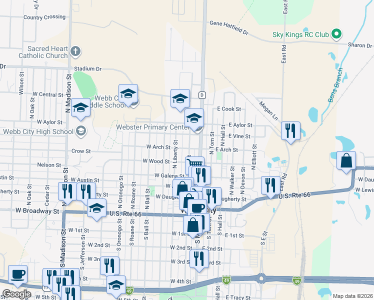 map of restaurants, bars, coffee shops, grocery stores, and more near 524 North Webb Street in Webb City