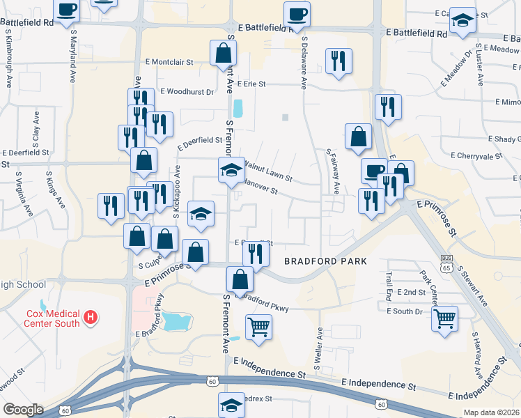 map of restaurants, bars, coffee shops, grocery stores, and more near 3466 South Welwood Avenue in Springfield
