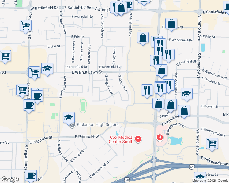map of restaurants, bars, coffee shops, grocery stores, and more near 911 East Powell Street in Springfield