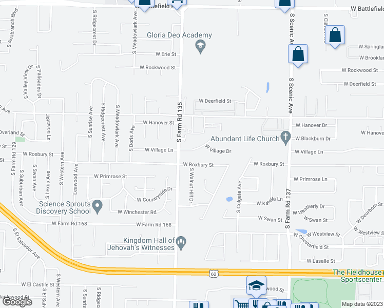 map of restaurants, bars, coffee shops, grocery stores, and more near 3040 West Village Lane in Springfield