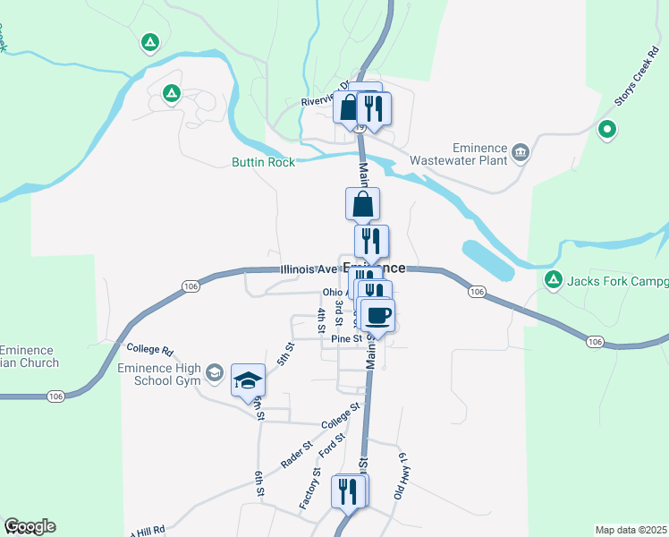 map of restaurants, bars, coffee shops, grocery stores, and more near Illinois Avenue in Eminence