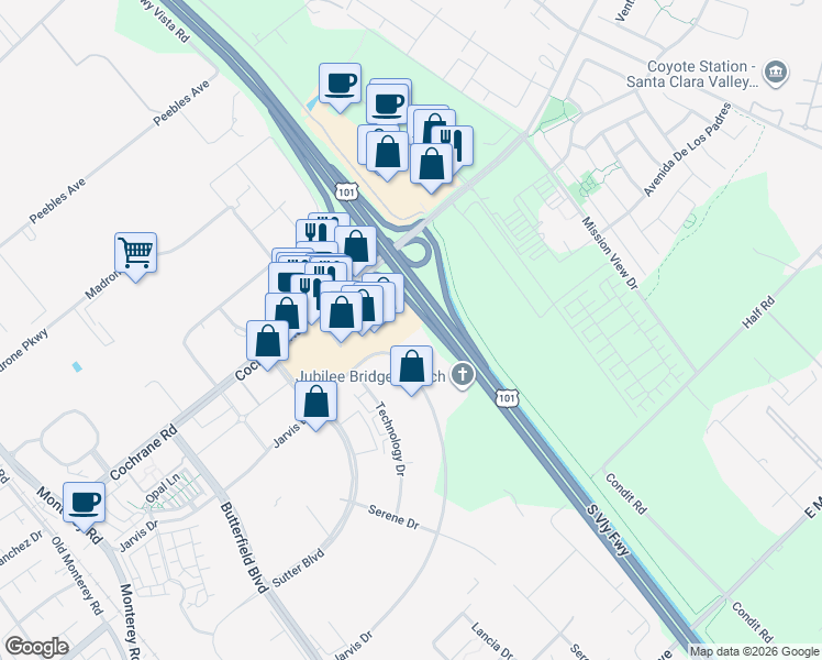 map of restaurants, bars, coffee shops, grocery stores, and more near 605 Jarvis Drive in Morgan Hill