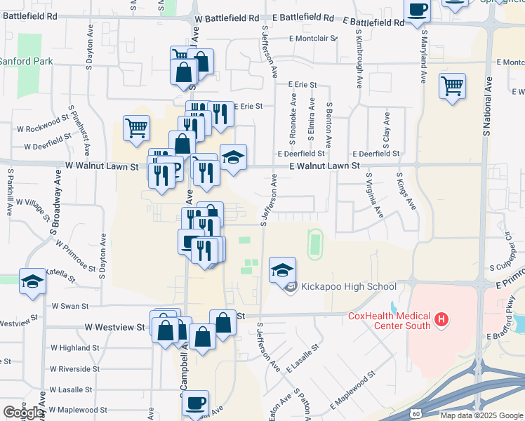 map of restaurants, bars, coffee shops, grocery stores, and more near 3527 South Jefferson Avenue in Springfield