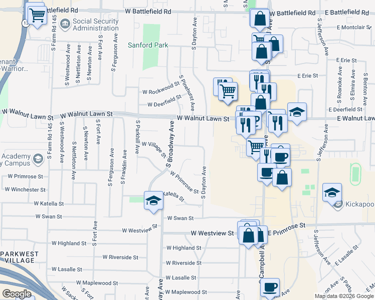 map of restaurants, bars, coffee shops, grocery stores, and more near 680 West Village Street in Springfield