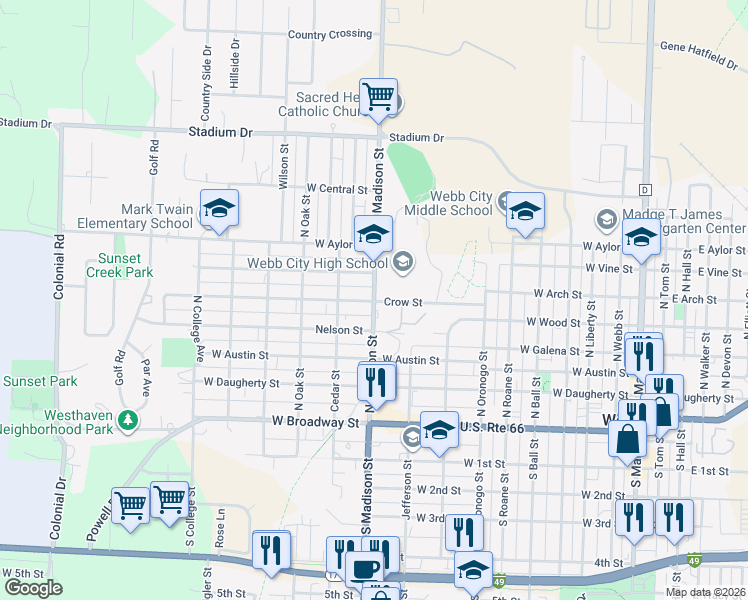 map of restaurants, bars, coffee shops, grocery stores, and more near 1006 West Crow Street in Webb City