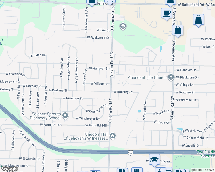 map of restaurants, bars, coffee shops, grocery stores, and more near 3116 West Village Lane in Springfield