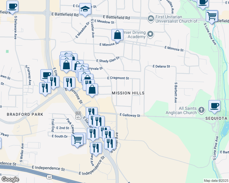 map of restaurants, bars, coffee shops, grocery stores, and more near 3443 South Barnes Avenue in Springfield