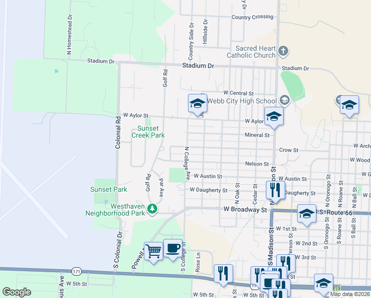 map of restaurants, bars, coffee shops, grocery stores, and more near 420 North College Avenue in Webb City
