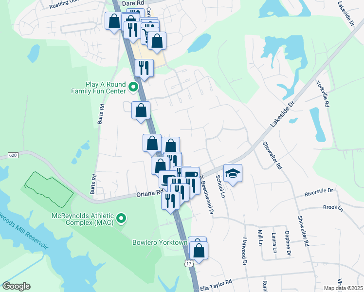 map of restaurants, bars, coffee shops, grocery stores, and more near 118 Carraway Terrace in Yorktown