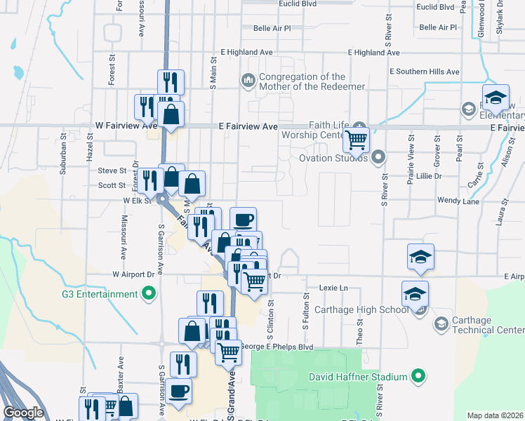 map of restaurants, bars, coffee shops, grocery stores, and more near 2205 Benjamin Drive in Carthage