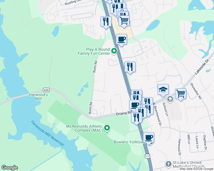 map of restaurants, bars, coffee shops, grocery stores, and more near 203 Cavalier Drive in Yorktown