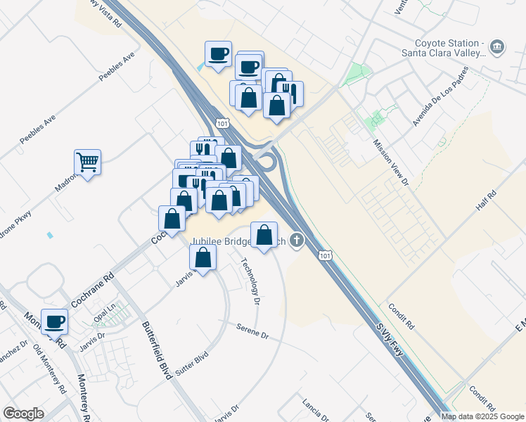 map of restaurants, bars, coffee shops, grocery stores, and more near 605 Jarvis Drive in Morgan Hill