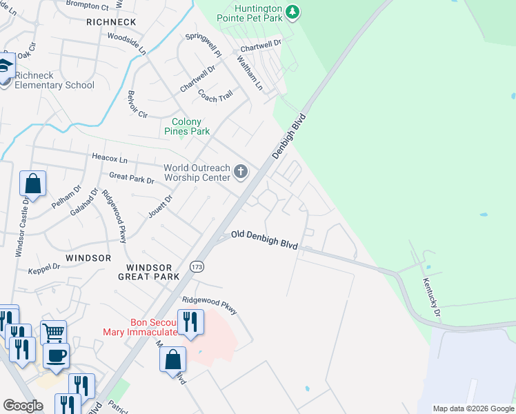 map of restaurants, bars, coffee shops, grocery stores, and more near 1102 Palmerton Drive in Newport News