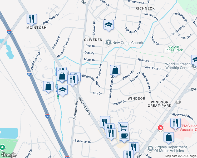 map of restaurants, bars, coffee shops, grocery stores, and more near 238 Monroe Avenue in Newport News
