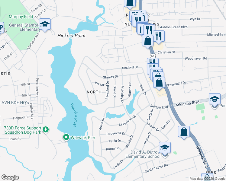 map of restaurants, bars, coffee shops, grocery stores, and more near 174 East Rexford Drive in Newport News