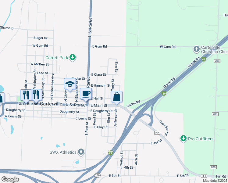 map of restaurants, bars, coffee shops, grocery stores, and more near 217 North Terry Street in Carterville