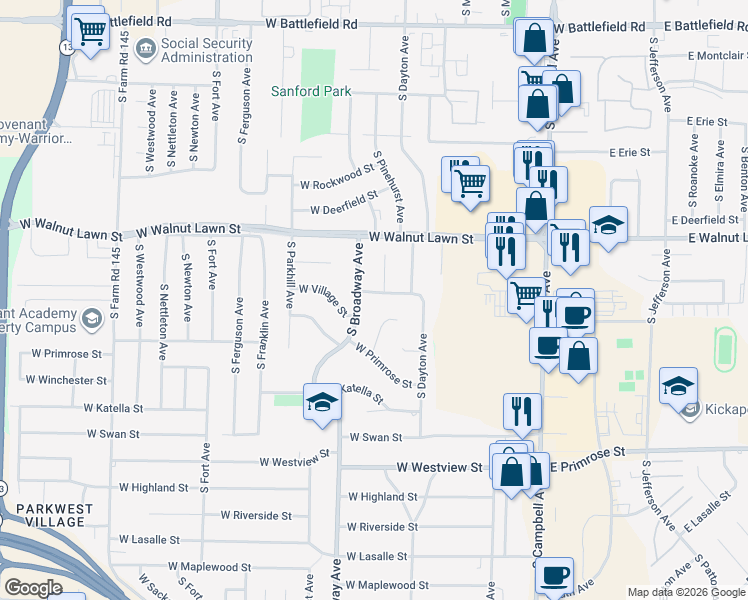 map of restaurants, bars, coffee shops, grocery stores, and more near 680 West Village Street in Springfield
