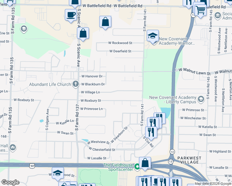 map of restaurants, bars, coffee shops, grocery stores, and more near 2424 West Village Lane in Springfield