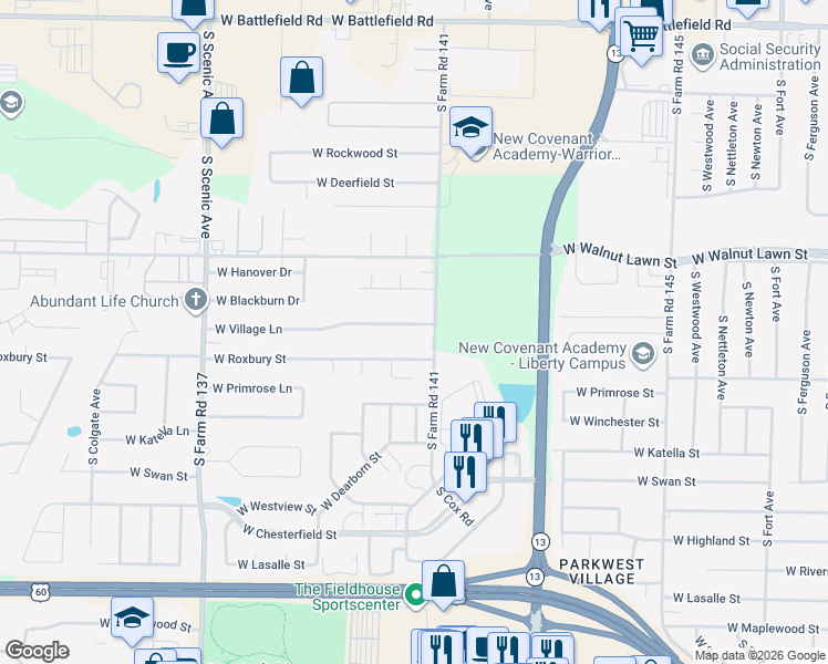 map of restaurants, bars, coffee shops, grocery stores, and more near 2214 West Village Lane in Springfield