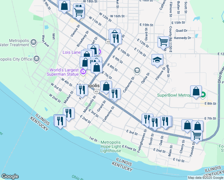 map of restaurants, bars, coffee shops, grocery stores, and more near 599 Girard St in Metropolis