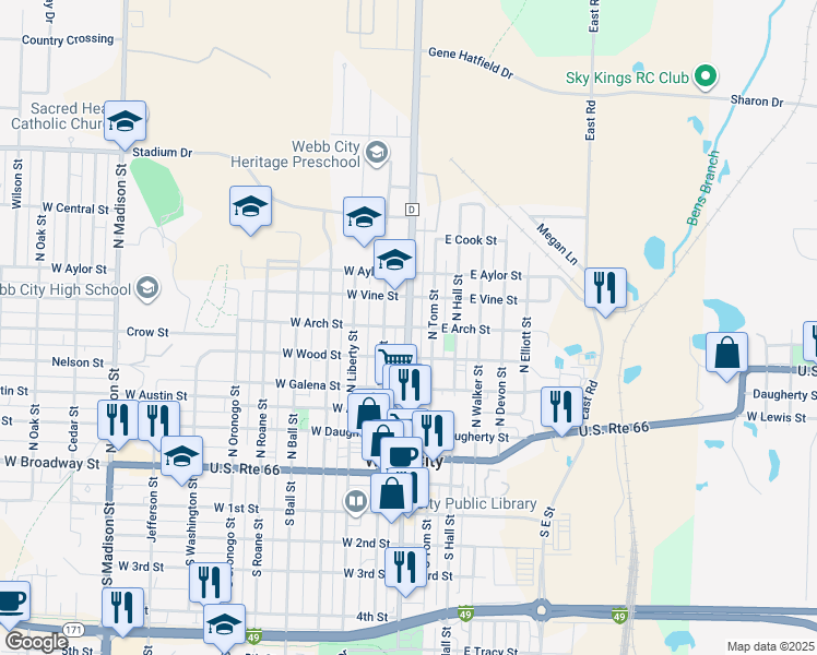 map of restaurants, bars, coffee shops, grocery stores, and more near 100 East Arch Street in Webb City