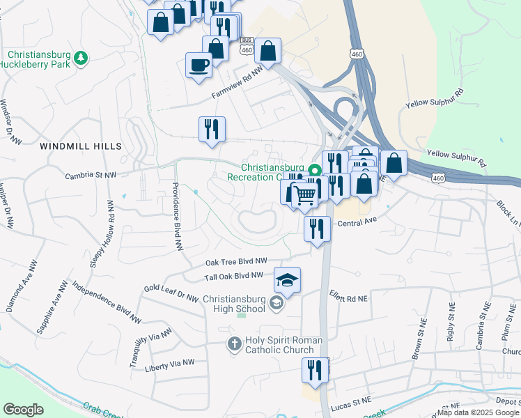 map of restaurants, bars, coffee shops, grocery stores, and more near 1756 Lions Drive in Christiansburg