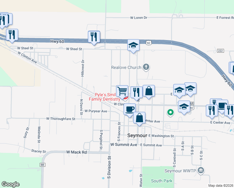 map of restaurants, bars, coffee shops, grocery stores, and more near 220 North Frances Street in Seymour
