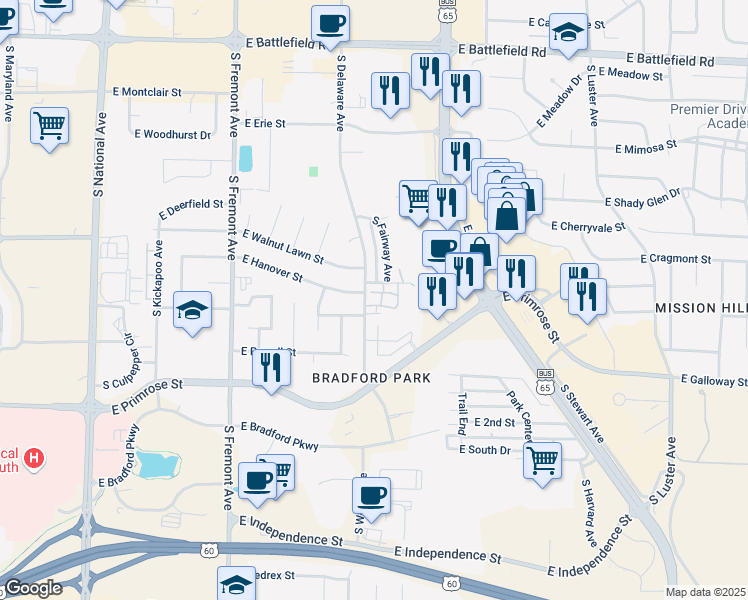 map of restaurants, bars, coffee shops, grocery stores, and more near 3440 South Delaware Avenue in Springfield